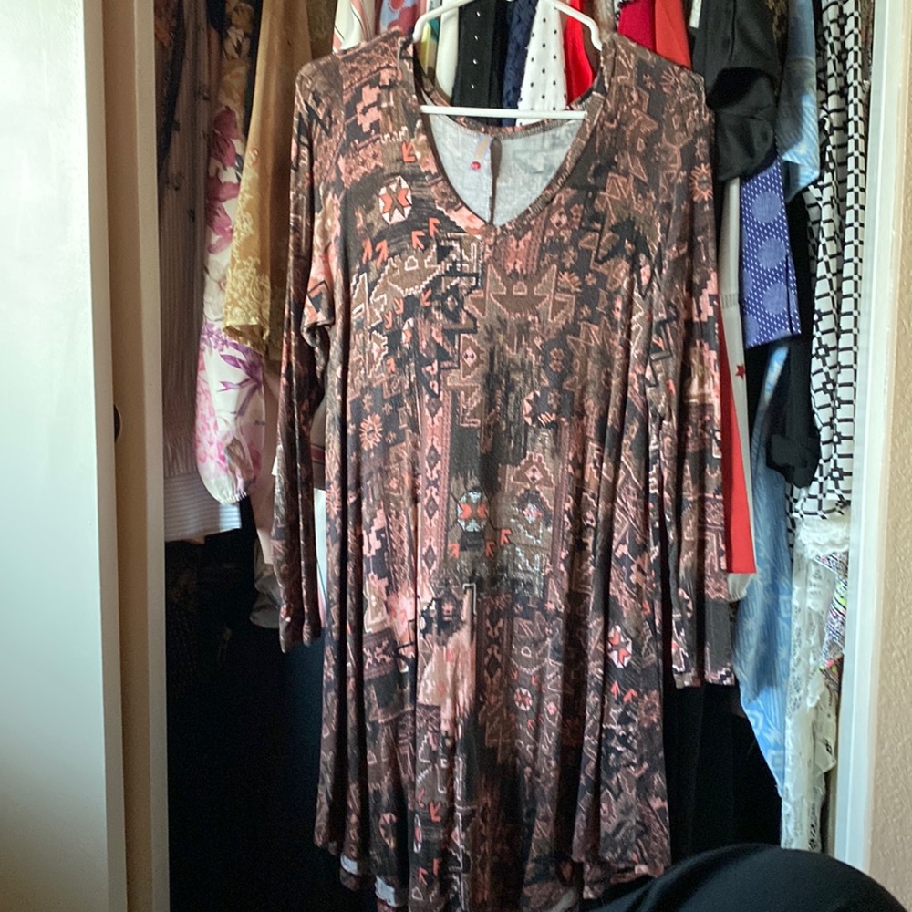 Aztec print, coral, brown and black